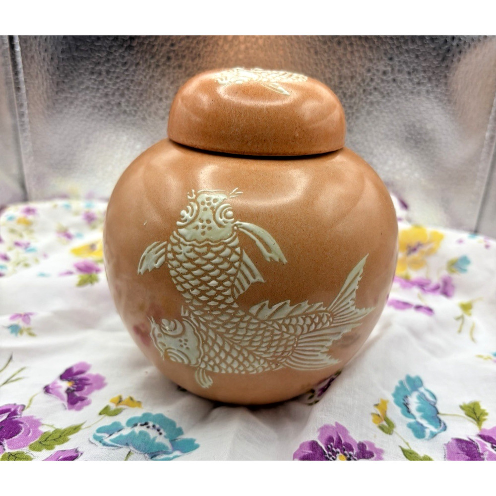 Vintage Neiman Marcus Porcelain Koi Fish Design W/peach & Raised White Glaze